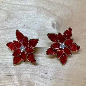 Vintage Red Enamel Poinsettia Christmas Clip On Earrings 1" Rhinestone Gold Tone